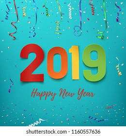 Happy New Year 2019. Colorful paper abstract design with ribbons and confetti. Greeting card template. Vector illustration.