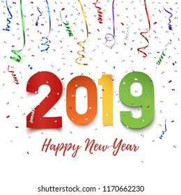 Happy New Year 2019. Colorful paper abstract desaign, background with ribbons and confetti on white. Greeting card template. Vector illustration.