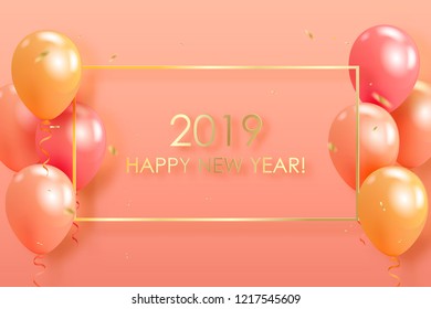 Happy new year 2019 with colorful  helium balloons floating on pastel colored background with golden confetti. Christmas and new year holiday concept