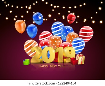 Happy New Year 2019, Colorful balloons, vector illustration. Confetti and ribbons, Celebration background.