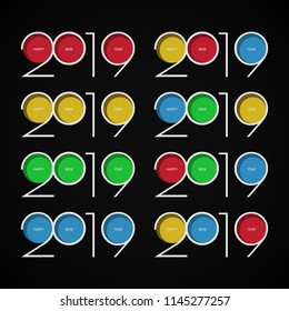 Happy New Year 2019. Combination of red, yellow, green and blue stylied digits.