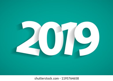 Happy New Year 2019 concept with paper cuted white numbers on turquoise background. Vector illustration
