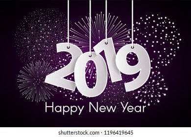 Happy New Year 2019 concept with paper cuted white numbers on ropes with fireworks. Vector illustration
