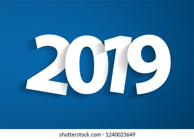 Happy New Year 2019 concept with paper cuted white numbers on blue background. Vector illustration