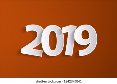Happy New Year 2019 concept with paper cuted white numbers on orange background. Vector illustration