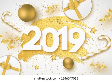 Happy New Year 2019 cover. 3d Numbers. Banner in grunge style. Gift box with tape. Christmas balls, stars, confetti, lollipops and serpentine. Vector illustration. EPS 10