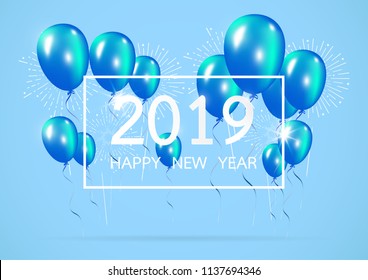 Happy new year 2019 with creative blue balloon concept on pastel blue background. minimal concept. Vector Illustration