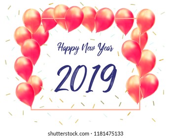 Happy new year 2019 with creative pink balloon concept for copy space. minimal concept. banner template, flyer, greeting card, universal background with balloons. Vector Illustration.