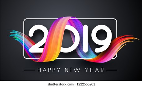 Happy New Year 2019 creative festive poster with colorful gradient brush stroke design on grey. Vector background.
