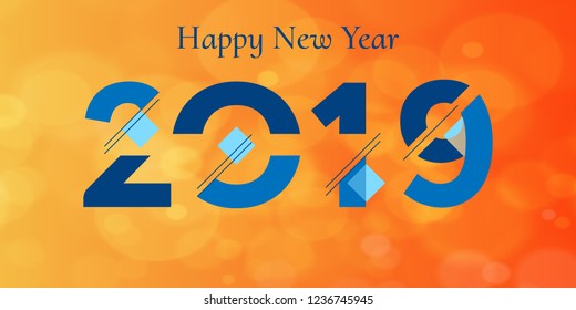 Happy New Year 2019 creative design with bokeh on orange background for poster, flyer, invitation, postcard. 
