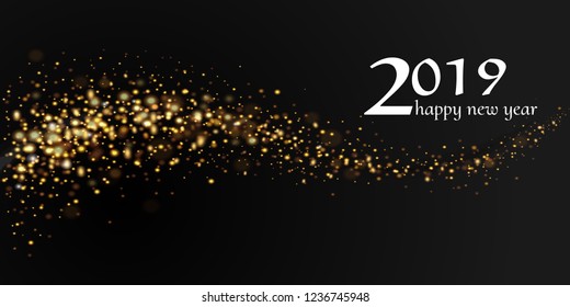 Happy New Year 2019 creative design with golden sparkles on black background for poster, flyer, invitation, postcard. 