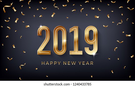 Happy New Year 2019. Creative abstract vector illustration with sparkling golden numbers on dark background