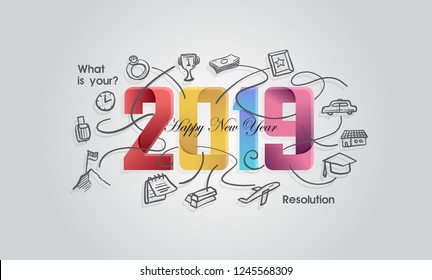 Happy New Year 2019 Creative Banner With Paper Folded Concept With Future Resolution Icon In Full Color