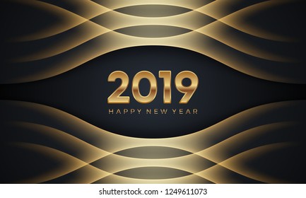 Happy New Year 2019. Creative luxury abstract vector illustration with golden numbers on dark background