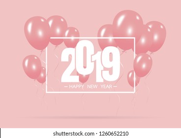 Happy new year 2019 with creative pink balloon concept on pastel pink background for copy space. minimal concept. Vector Illustration