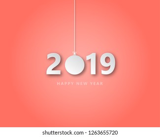 Happy new year 2019 creative illustration paper cut style. Number 2019 paper cut and Christmas ball decoration hanging on background for web banner, postcard, poster, flyer, leaflet, sale, advertising