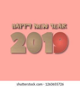 Happy new year 2019 creative illustration paper cut style. Cardboard cut number on pink background for web banner, postcard, poster, flyer, leaflet, sale, advertising. Vector illustration background.