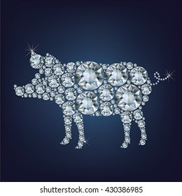Happy new year 2019 creative greeting card with Pig made up a lot of diamonds