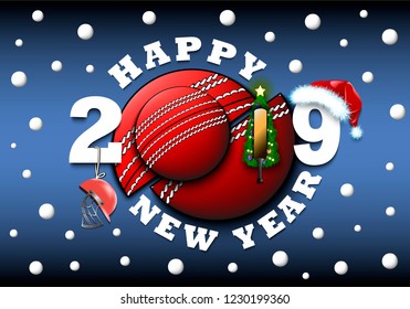 Happy new year 2019 and cricket ball with Christmas tree, hat, bat and helmet. Creative design pattern for greeting card, banner, poster, flyer, party invitation, calendar. Vector illustration