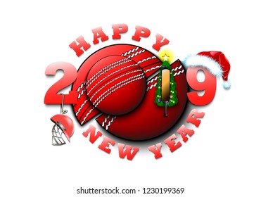 Happy new year 2019 and cricket ball with Christmas tree, hat, bat and helmet. Creative design pattern for greeting card, banner, poster, flyer, party invitation, calendar. Vector illustration