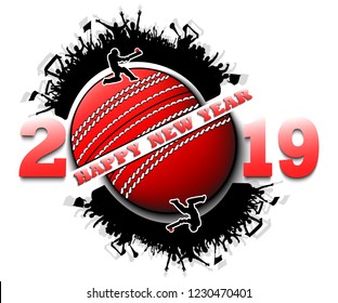 Happy new year 2019 and cricket ball with cricket fans. Creative design pattern for greeting card, banner, poster, flyer, party invitation, calendar. Vector illustration