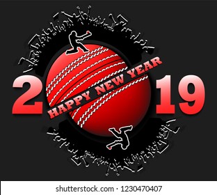 Happy new year 2019 and cricket ball with cricket fans. Creative design pattern for greeting card, banner, poster, flyer, party invitation, calendar. Vector illustration