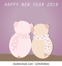 Happy New Year 2019 with a cule pigs, vector illustration.