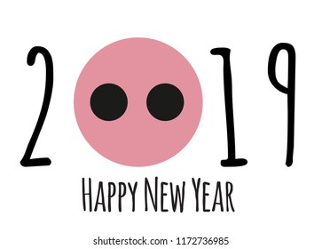 Happy New Year 2019 cute card design with cartoon pig. Vector Illustration EPS10