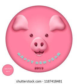 Happy New Year 2019. Cute pig face of pink color. Vector piggy icon illustration.