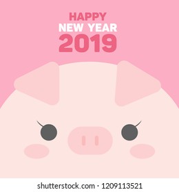 Happy New Year 2019, cute pig card vector illustration.