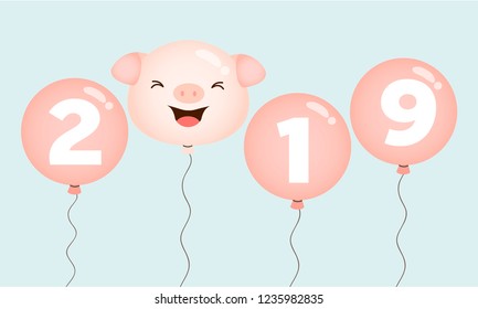 Happy new year 2019. Cute pink pig balloons.