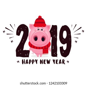 Happy New year 2019. Cute vector  holiday pig with hat and scarf. Chinese new year symbol. Funny cartoon character