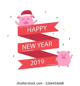 Happy New Year 2019. Cute Pig cartoon on white background. vector illustration