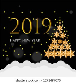 Happy new year 2019 with dark navy back glitter bokeh light sparkling background,Holiday celebration festive greeting card.