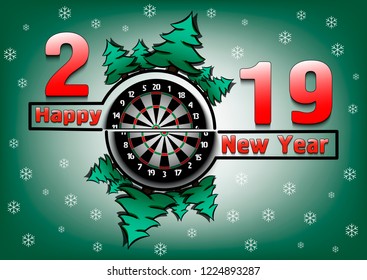 Happy new year 2019 and dartboard with Christmas trees on an snowflakes background. Creative design darts pattern for greeting card, banner, poster, flyer, party invitation. Vector illustration