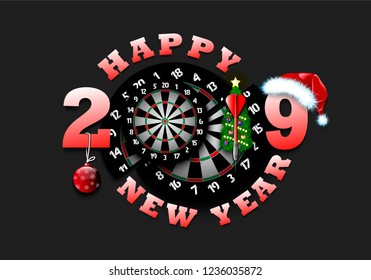 Happy new year 2019 and dartboard with Christmas trees on an isolated background. Creative design pattern for greeting card, banner, poster, flyer,  invitation, calendar. Vector illustration