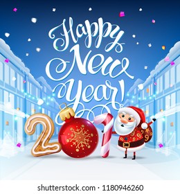 Happy New Year 2019 decoration poster card. Background and composition on a snowy street with Santa, christmas toys and  garlands, candy canes, gingerbread and snowflakes. Vector isolate