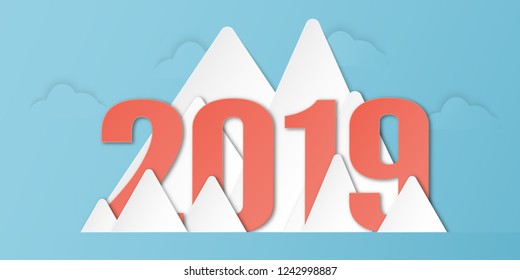 Happy New Year 2019 decoration on blue background. Vector illustration with calligraphy design of number in paper cut and digital craft. Minimal style.