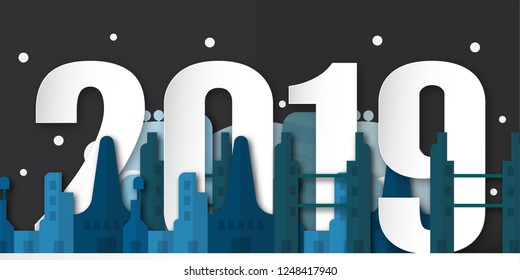 Happy New Year 2019 decoration at night with urban city. Vector illustration in paper cut and digital craft with minimalism style.