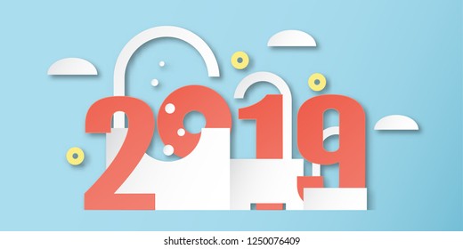 Happy New Year 2019 decoration on blue background. Vector illustration with calligraphy design of number in paper cut and digital craft. Minimal style.