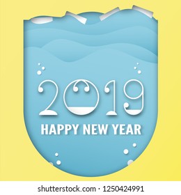 Happy New Year 2019 decoration on blue background. Vector illustration with calligraphy design of number in paper cut and digital craft.