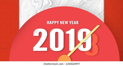 Happy New Year 2019 decoration on premium background. Vector illustration with calligraphy design of number in paper cut and digital craft. The concept shows that It has changing of the year.