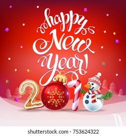 Happy New Year 2019 decoration poster card. Sign background and composition on a snowy field with Christmas toys and Snowman, garlands, candy canes, gingerbread and snowflakes. Vector isolate