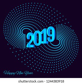 Happy new year 2019 with decorative blue halftone sign of infinity on black background  for poster or banner design.  Vector Illustration.