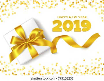 Feliz Ano Novo 2019. Fundo decorativo de Ano Novo com caixa de presente, arco dourado, confete de ouro e texto de saudação 2019. Design de modelo de férias de inverno