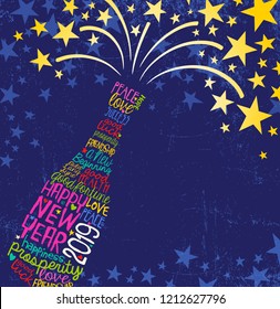 Happy New Year 2019 design. Abstract champagne bottle with inspiring handwritten words, bursting stars. Blue background with space for text.