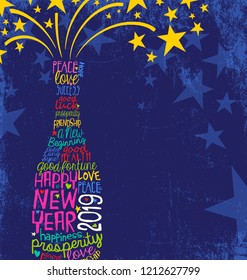 Happy New Year 2019 Design. Abstract Champagne Bottle With Inspiring Handwritten Words, Bursting Stars. Blue Background With Space For Text.