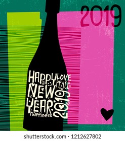 Happy New Year 2019 design. Abstract champagne bottle with inspiring handwritten words. Retro cut-out style design with space for text.