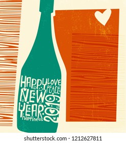 Happy New Year 2019 design. Abstract champagne bottle with inspiring handwritten words. Retro cut-out style design with space for text.