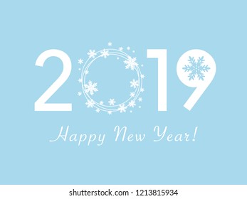 Happy New Year 2019 design. Flat vector greeting illustration with snowflake